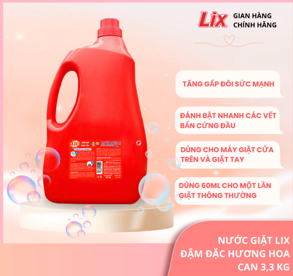 Nước giặt Lix đậm đặc hương hoa chai 3.3kg làm sạch cực nhanh vết bẩn tăng gấp đôi sức mạnh giặt tẩy quần áo
