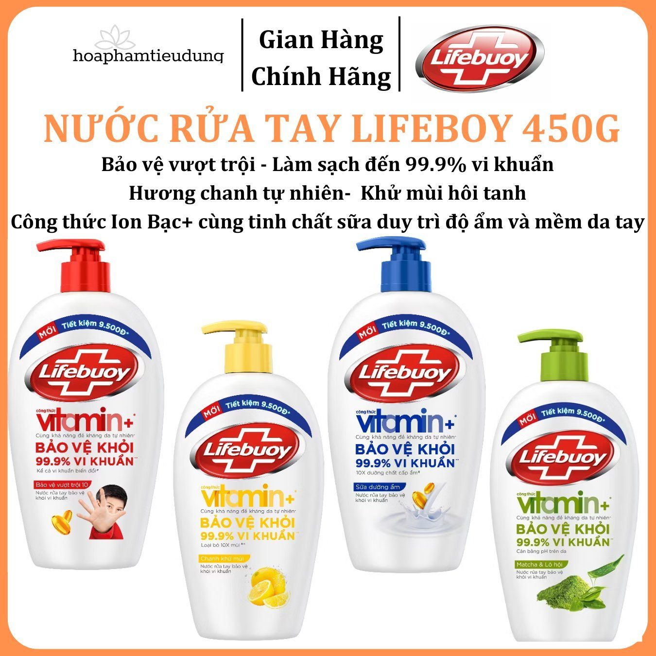 Nước Rửa Tay Lifebuoy Bảo Vệ Khỏi 99.9% Vi Khuẩn Gây Bệnh Với Ion Bạc+ Hỗ Trợ Cùng Đề Kháng Da Tự Nhiên 450g