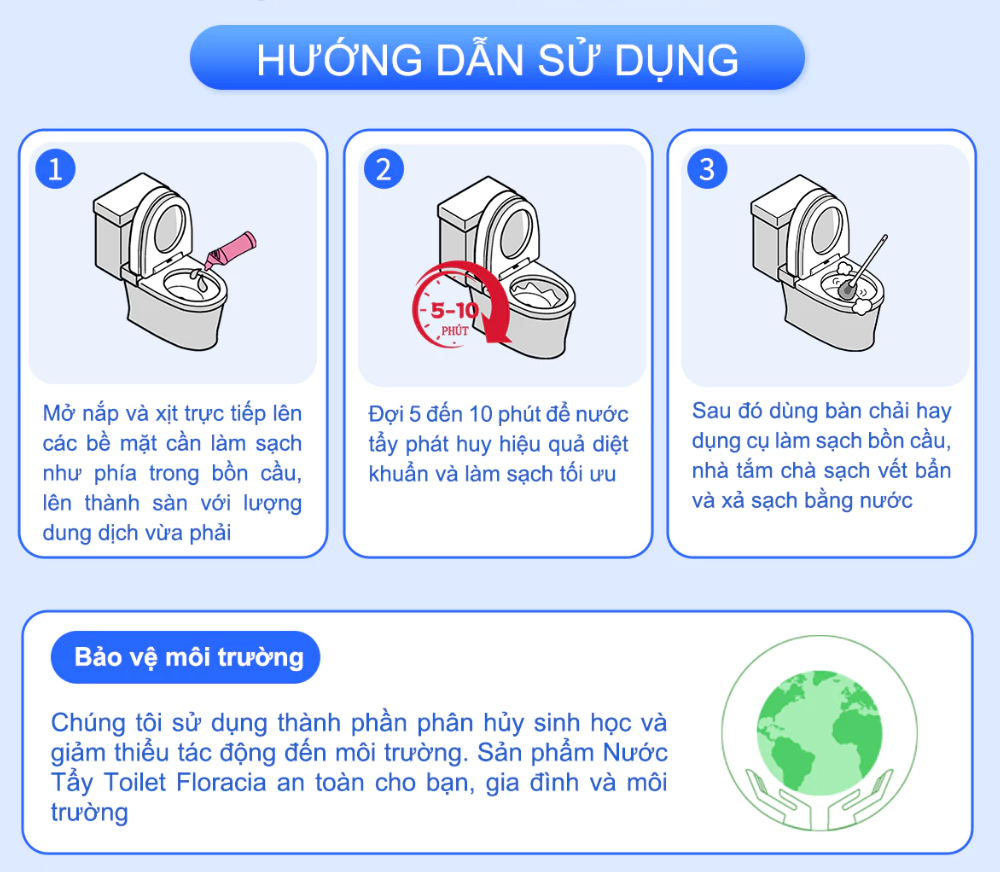Nước tẩy toilet Floracia khử mùi hiệu quả - làm sạch sáng bóng, an toàn cho da tay 500g