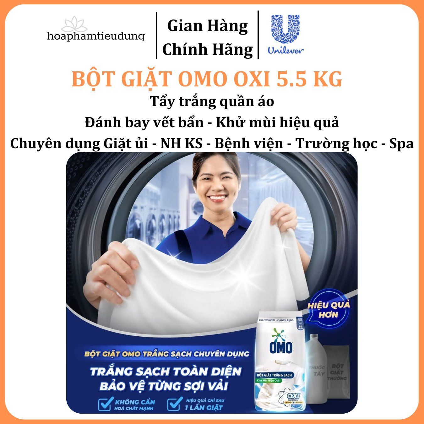 Bột giặt Omo Oxi tẩy mạnh, trắng sáng, đánh bay vết bẩn chuyên dụng Giặt ủi/Nhà hàng/Khách sạn/Trường học/Bệnh viện/Spa