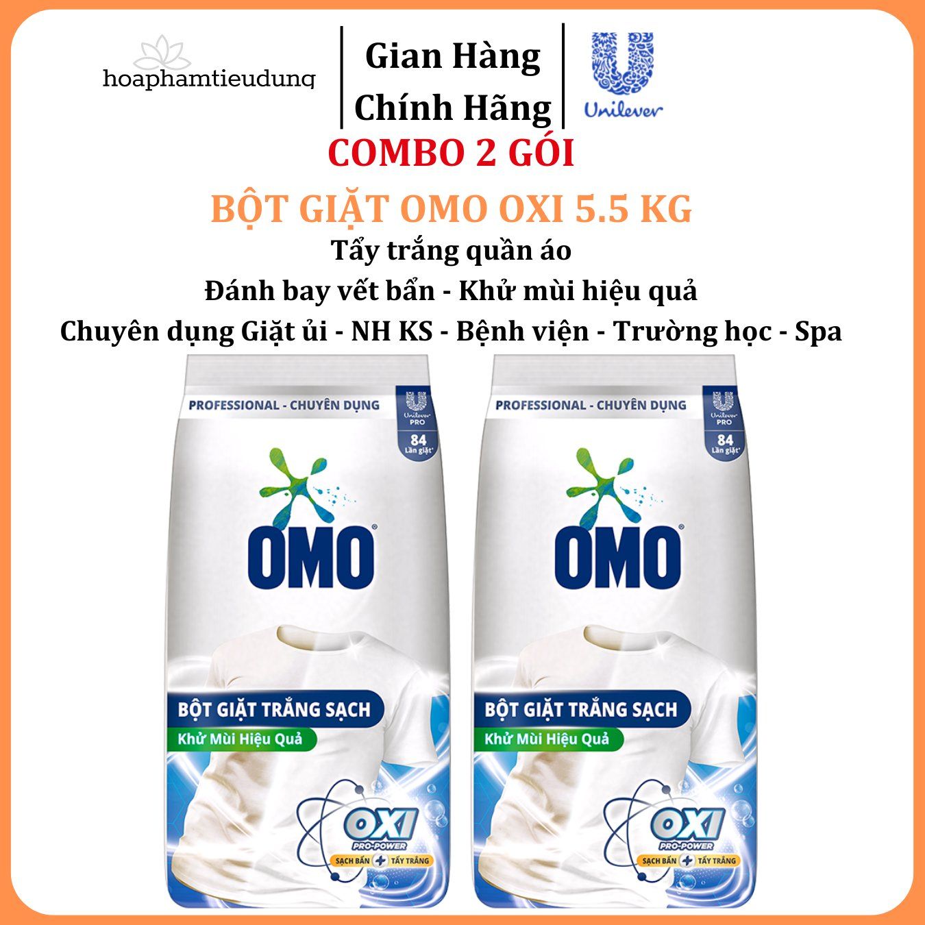 Bột giặt Omo Oxi tẩy mạnh, trắng sáng, đánh bay vết bẩn chuyên dụng Giặt ủi/Nhà hàng/Khách sạn/Trường học/Bệnh viện/Spa