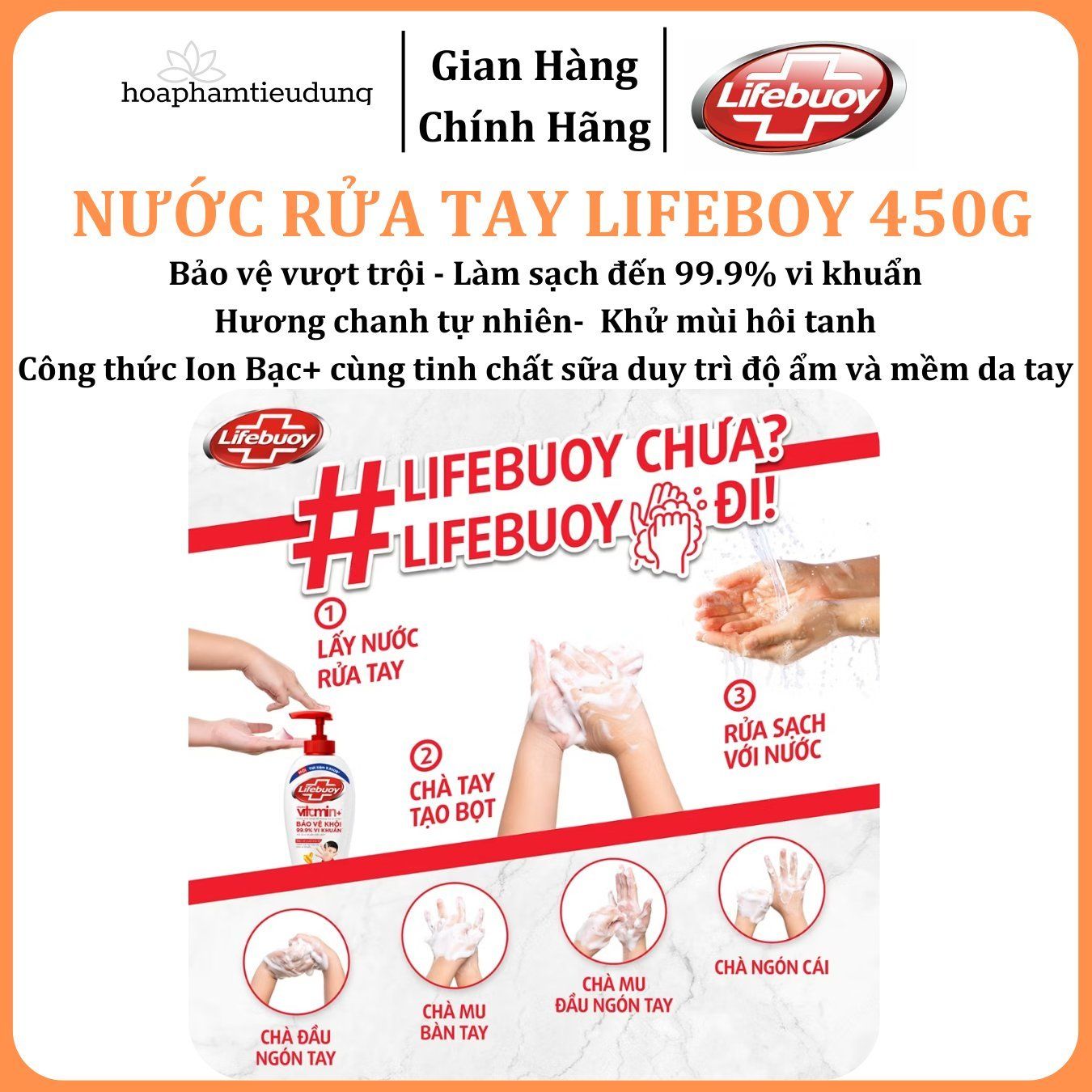 Nước Rửa Tay Lifebuoy Bảo Vệ Khỏi 99.9% Vi Khuẩn Gây Bệnh Với Ion Bạc+ Hỗ Trợ Cùng Đề Kháng Da Tự Nhiên 450g