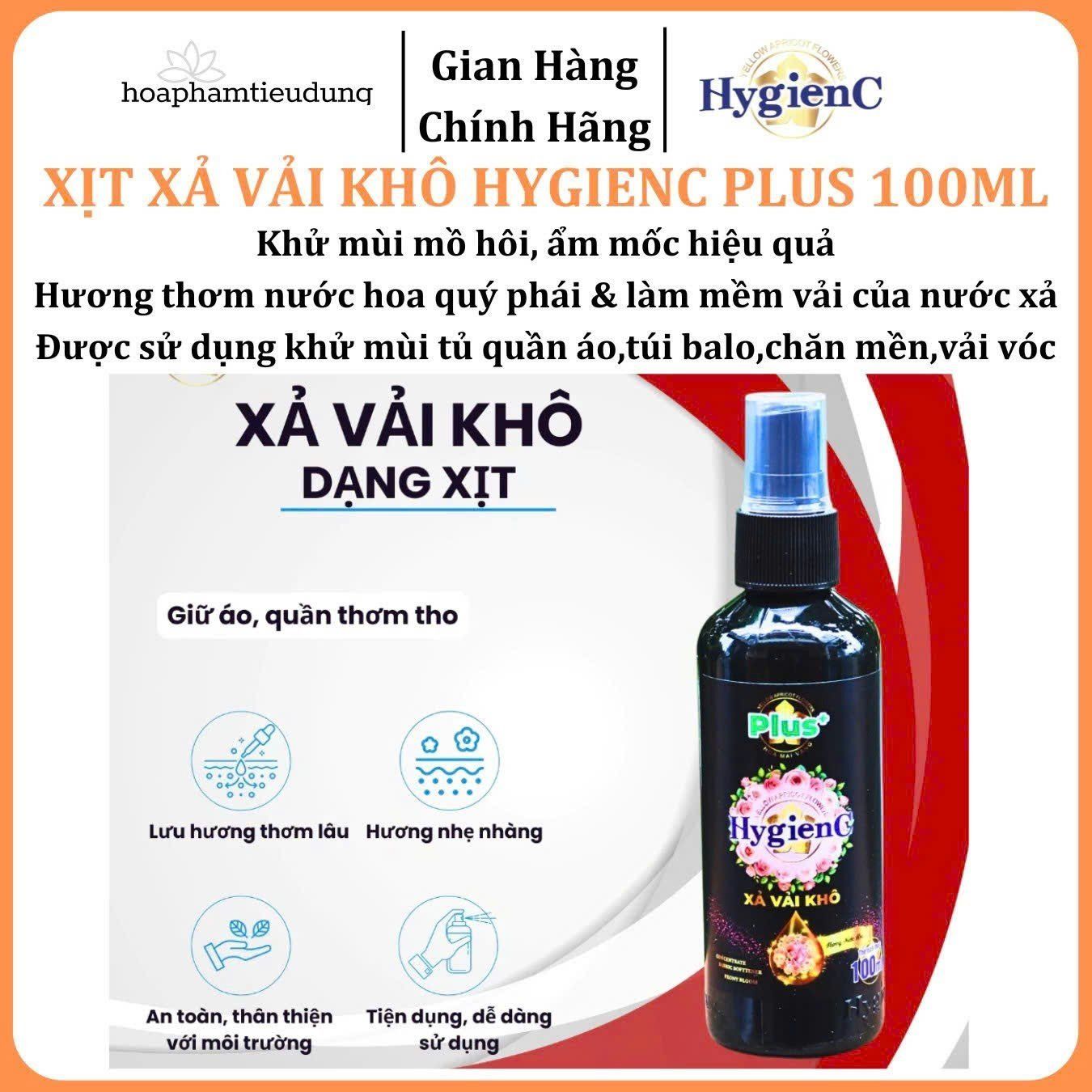 Xịt xả vải khô HygienC Plus lưu hương nước hoa, mềm vải, khử mùi hôi ẩm mốc tốt