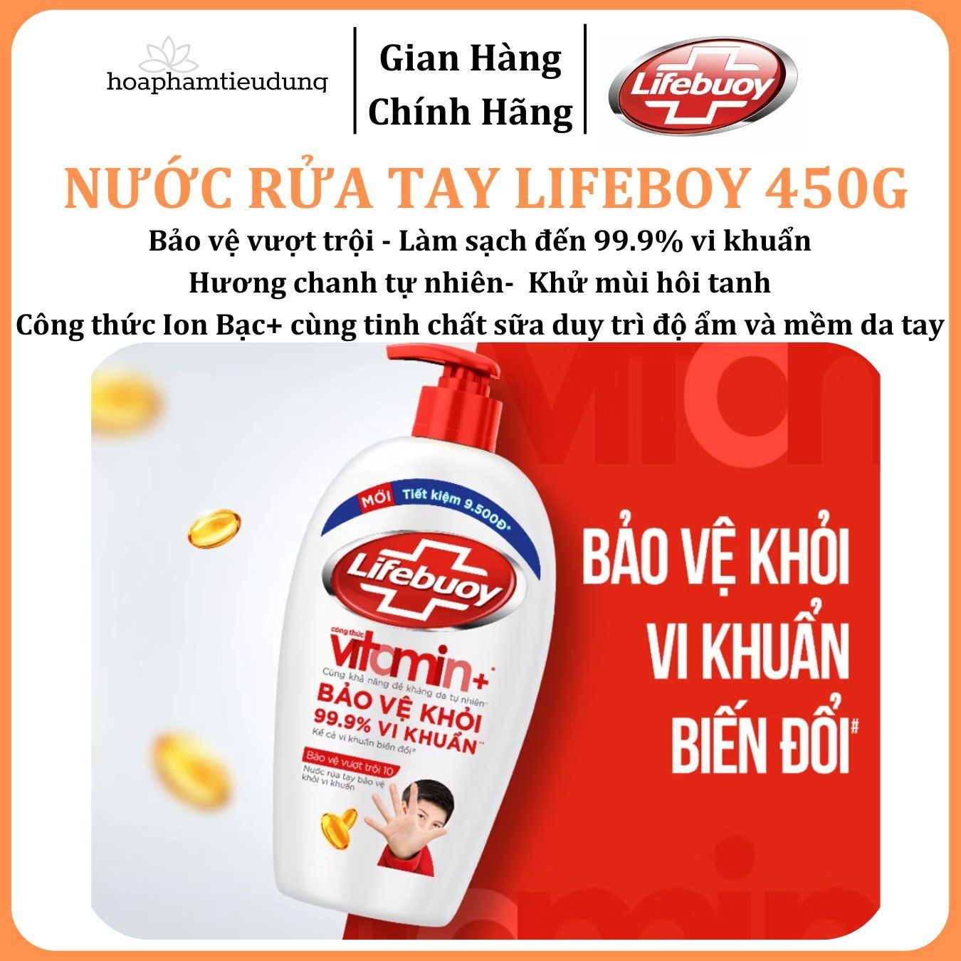 Nước Rửa Tay Lifebuoy Bảo Vệ Khỏi 99.9% Vi Khuẩn Gây Bệnh Với Ion Bạc+ Hỗ Trợ Cùng Đề Kháng Da Tự Nhiên 450g