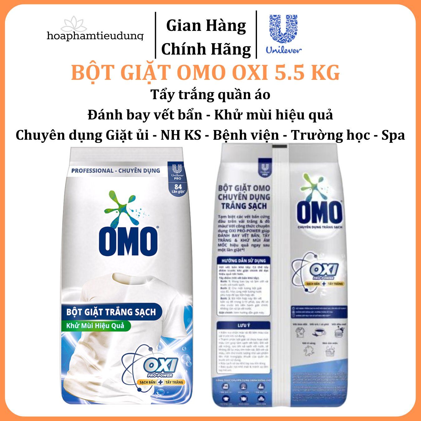 Bột giặt Omo Oxi tẩy mạnh, trắng sáng, đánh bay vết bẩn chuyên dụng Giặt ủi/Nhà hàng/Khách sạn/Trường học/Bệnh viện/Spa