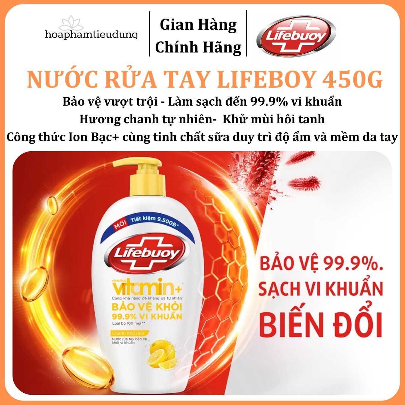 Nước Rửa Tay Lifebuoy Bảo Vệ Khỏi 99.9% Vi Khuẩn Gây Bệnh Với Ion Bạc+ Hỗ Trợ Cùng Đề Kháng Da Tự Nhiên 450g