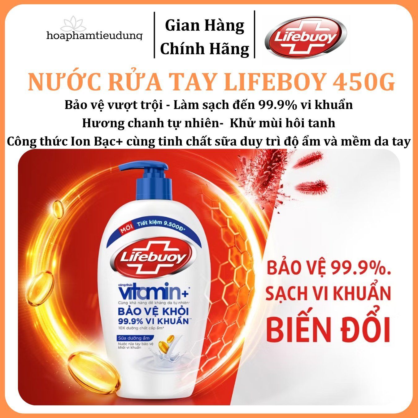 Nước Rửa Tay Lifebuoy Bảo Vệ Khỏi 99.9% Vi Khuẩn Gây Bệnh Với Ion Bạc+ Hỗ Trợ Cùng Đề Kháng Da Tự Nhiên 450g