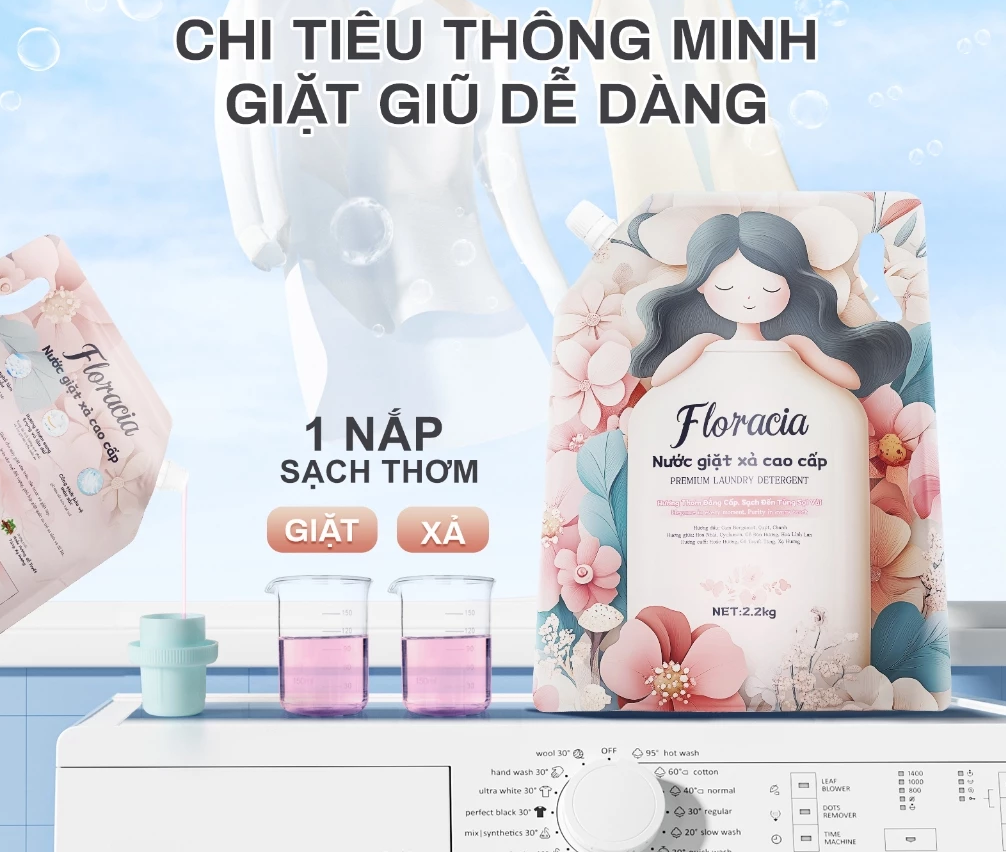 Nước Giặt Xả Cao Cấp Floracia Lưu Hương Lâu, Làm Sạch Sâu 2.2L