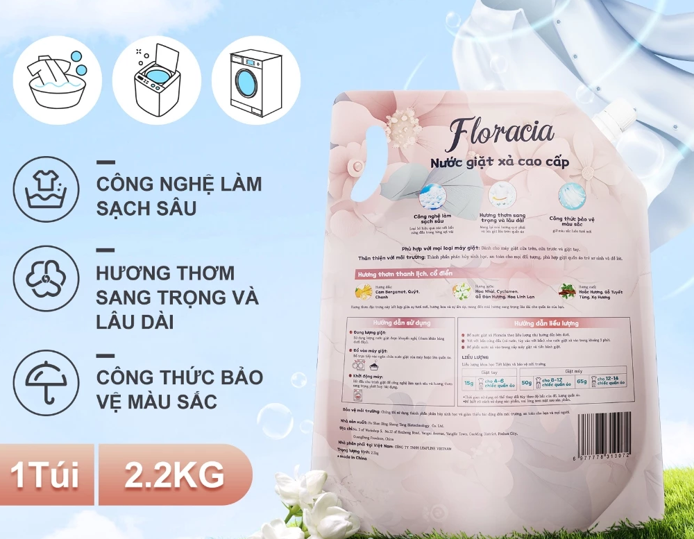 Nước Giặt Xả Cao Cấp Floracia Lưu Hương Lâu, Làm Sạch Sâu 2.2L