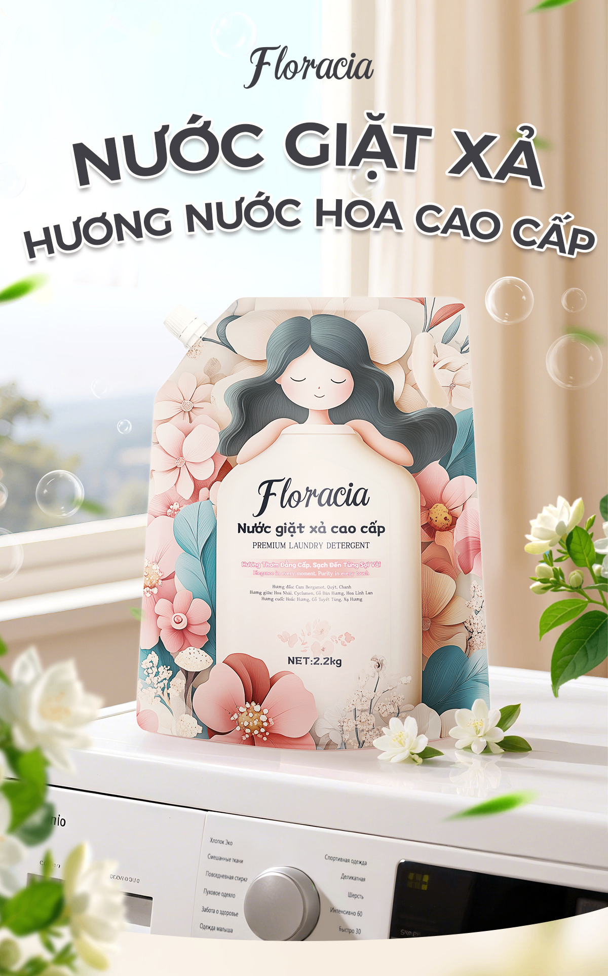 Nước Giặt Xả Cao Cấp Floracia Lưu Hương Lâu, Làm Sạch Sâu 2.2L