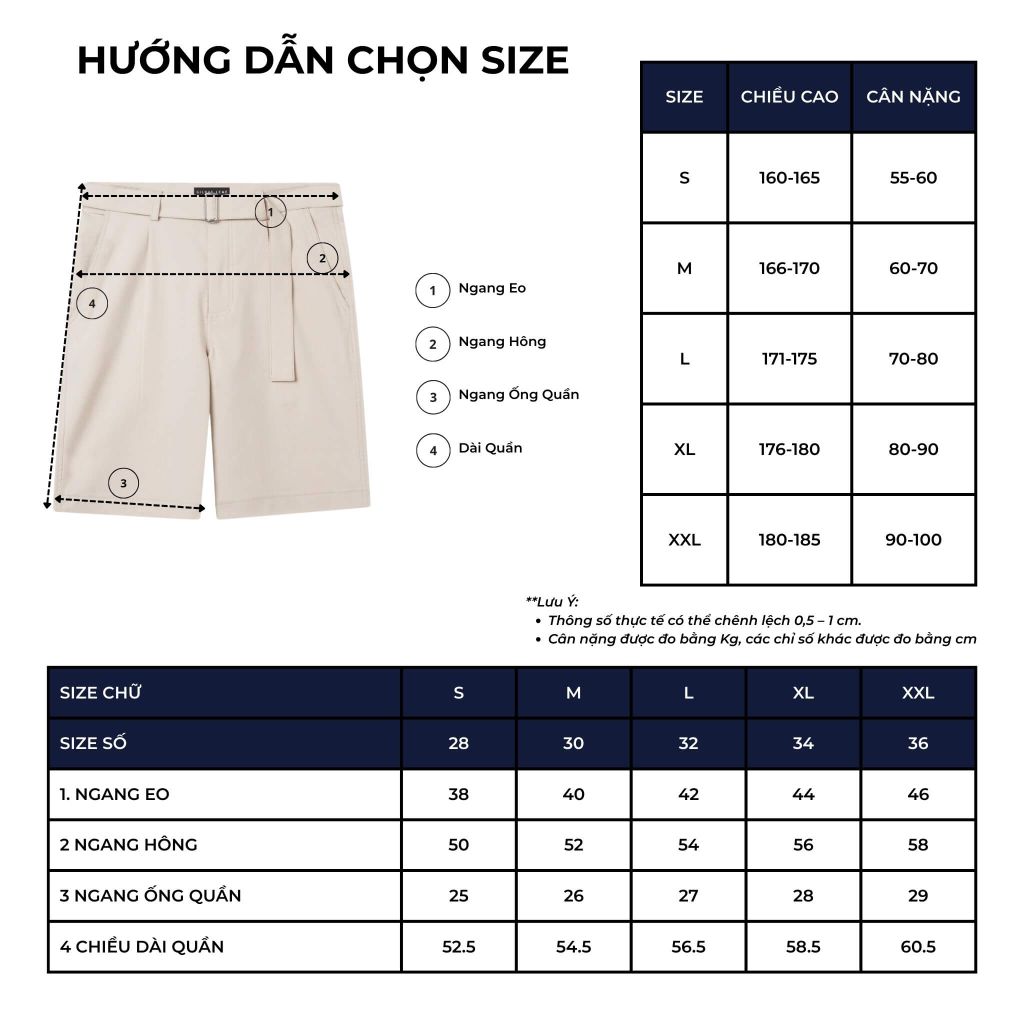 size chart quần short bermuda