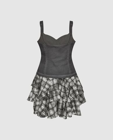 URBAN REVIVO - Đầm hai dây mini xếp tầng sọc caro