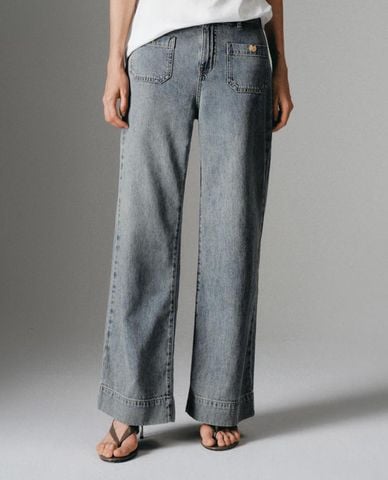 URBAN REVIVO - Quần jeans nữ ống rộng phối túi