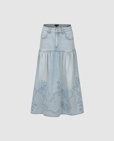 URBAN REVIVO - Chân váy denim midi thêu họa tiết