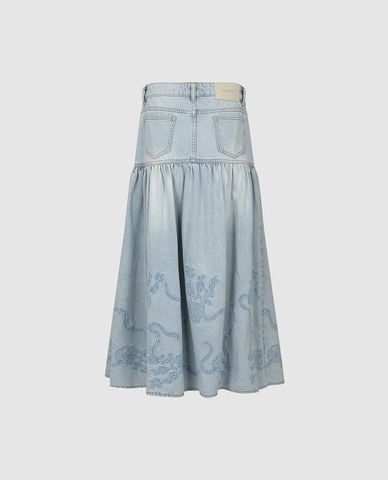 URBAN REVIVO - Chân váy denim midi thêu họa tiết