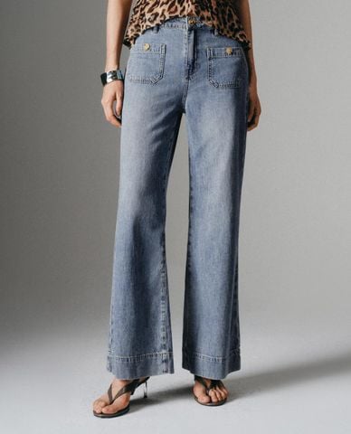 URBAN REVIVO - Quần jeans nữ ống rộng phối túi