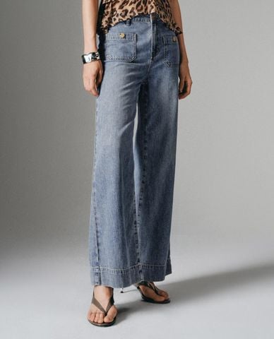 URBAN REVIVO - Quần jeans nữ ống rộng phối túi