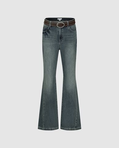 URBAN REVIVO - Quần jeans nữ ống loe phối thắt lưng