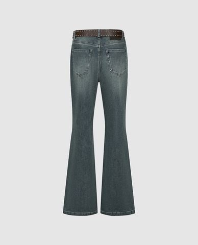 URBAN REVIVO - Quần jeans nữ ống loe phối thắt lưng