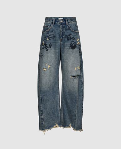 URBAN REVIVO - Quần jeans nữ ống rộng in họa tiết