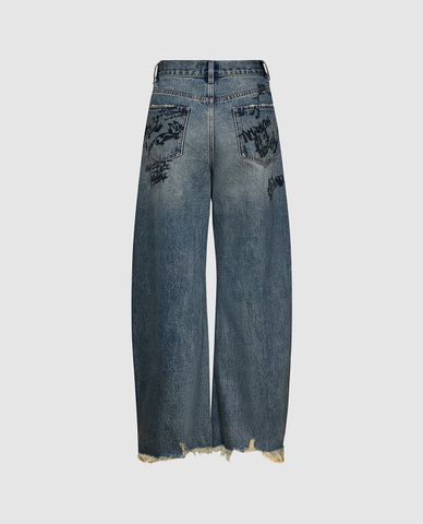 URBAN REVIVO - Quần jeans nữ ống rộng in họa tiết