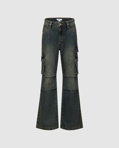URBAN REVIVO - Quần jeans nữ ống loe phối túi hộp