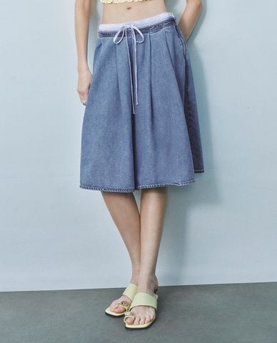URBAN REVIVO - Chân váy denim midi lưng thun phối dây rút