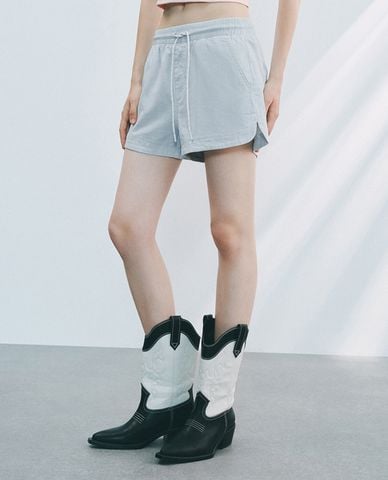 URBAN REVIVO - Quần short jeans nữ ống rộng phối dây rút