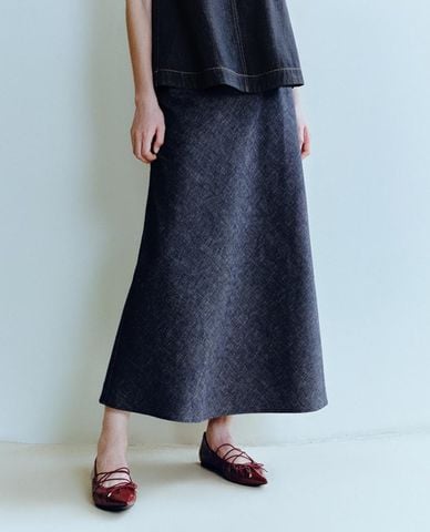 URBAN REVIVO - Chân váy denim midi phối viền ren