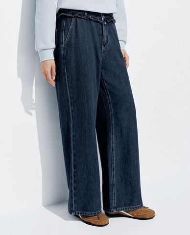 URBAN REVIVO - Quần jeans nữ ống rộng nhún bèo
