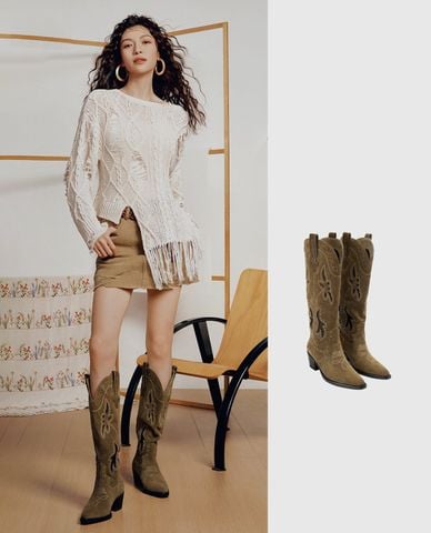 URBAN REVIVO - Giày boots nữ cổ cao họa tiết hoa văn