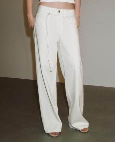 URBAN REVIVO - Quần jeans nữ ống rộng phối dây rút