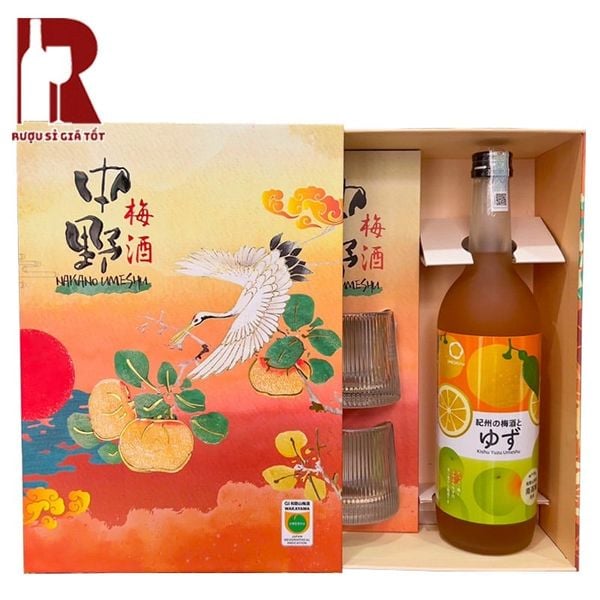 Hộp Quà Rượu Mơ Bách Hạc Ngàn Hoa - Kishu No Yuzu Vị Yuzu Chanh Nhật Hộp Quà Rượu Mơ Bách Hạc Ngàn Hoa Kishu No Yuzu Vị Chanh Nhật Yuzu 720ml 12% hộp cam chim hạc kèm ly thủy tinh