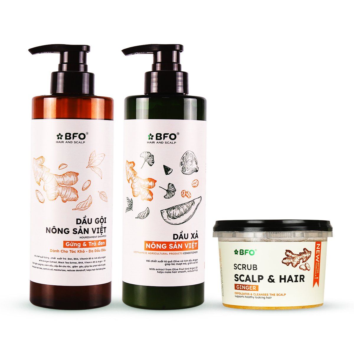 Combo Gội - Xả - Tẩy tế bào chết Gừng và Trà đen Nông sản Việt