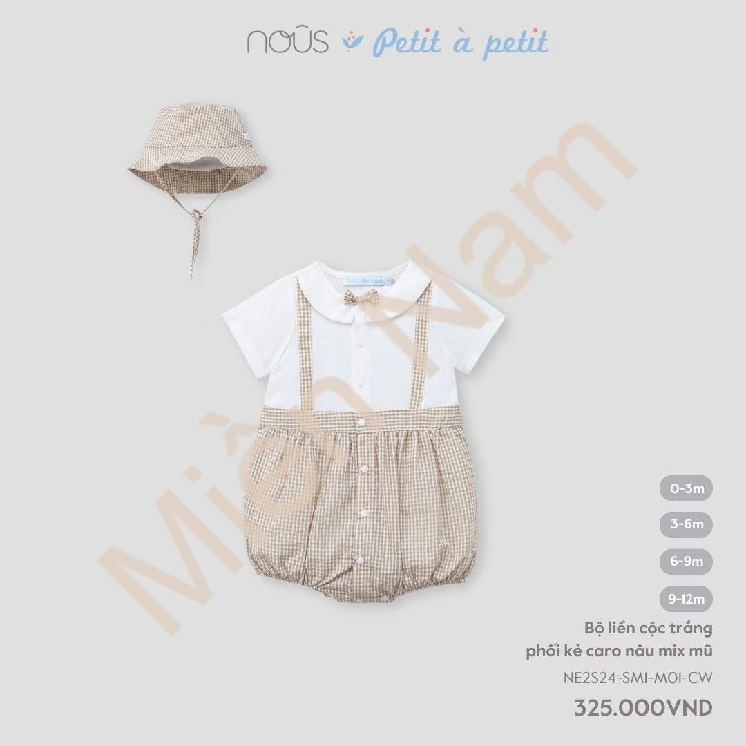 Bodysuit Tay Ngắn Nous Yếm Kẻ Caro Nâu Đính Nơ Nhỏ Mix Mũ