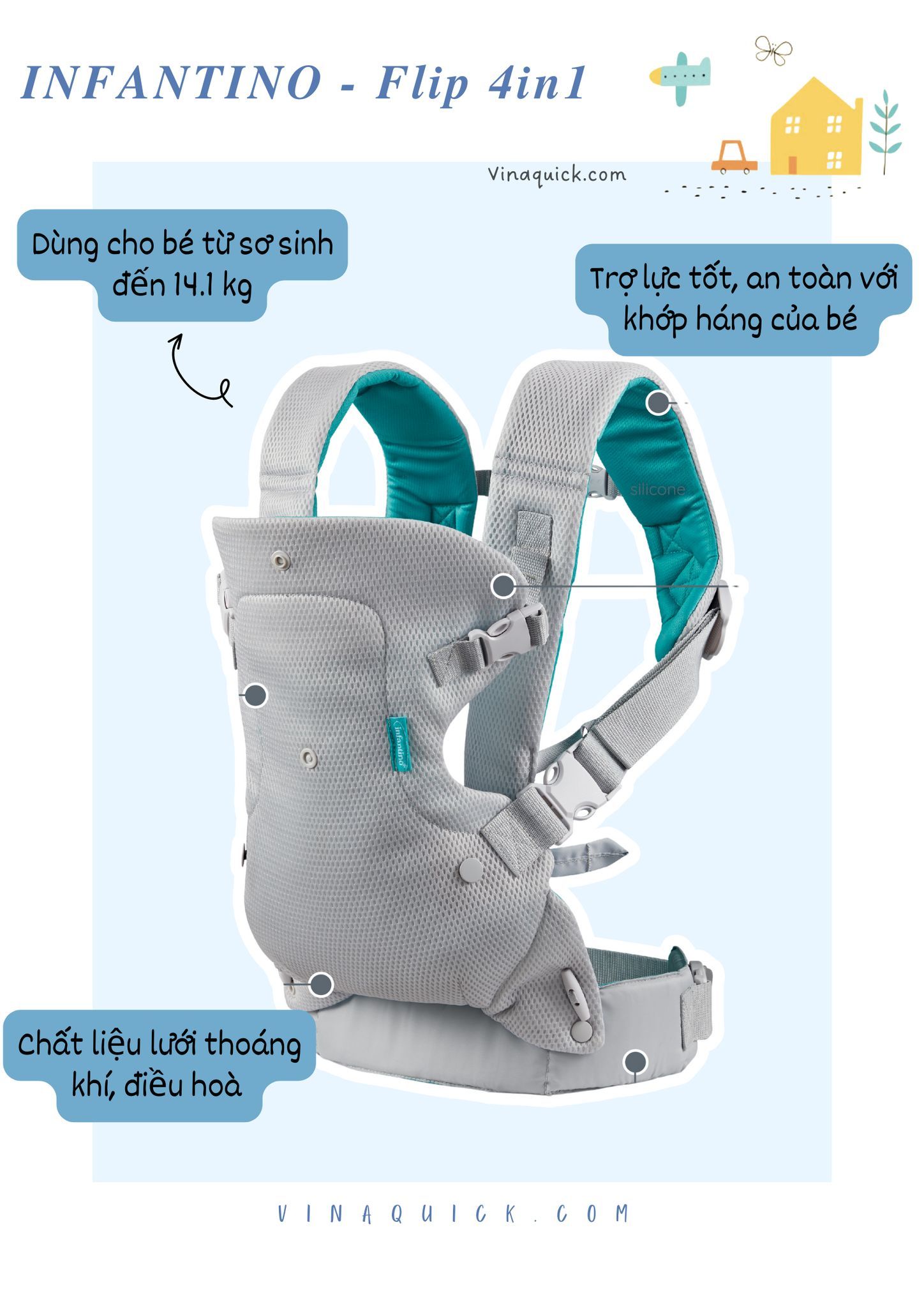 Địu Có Trợ Lực Siêu Thoáng Khí 4 Tư Thế Cho Bé INFANTINO - Flip 4in1 Light & Airy Convertible Carrier