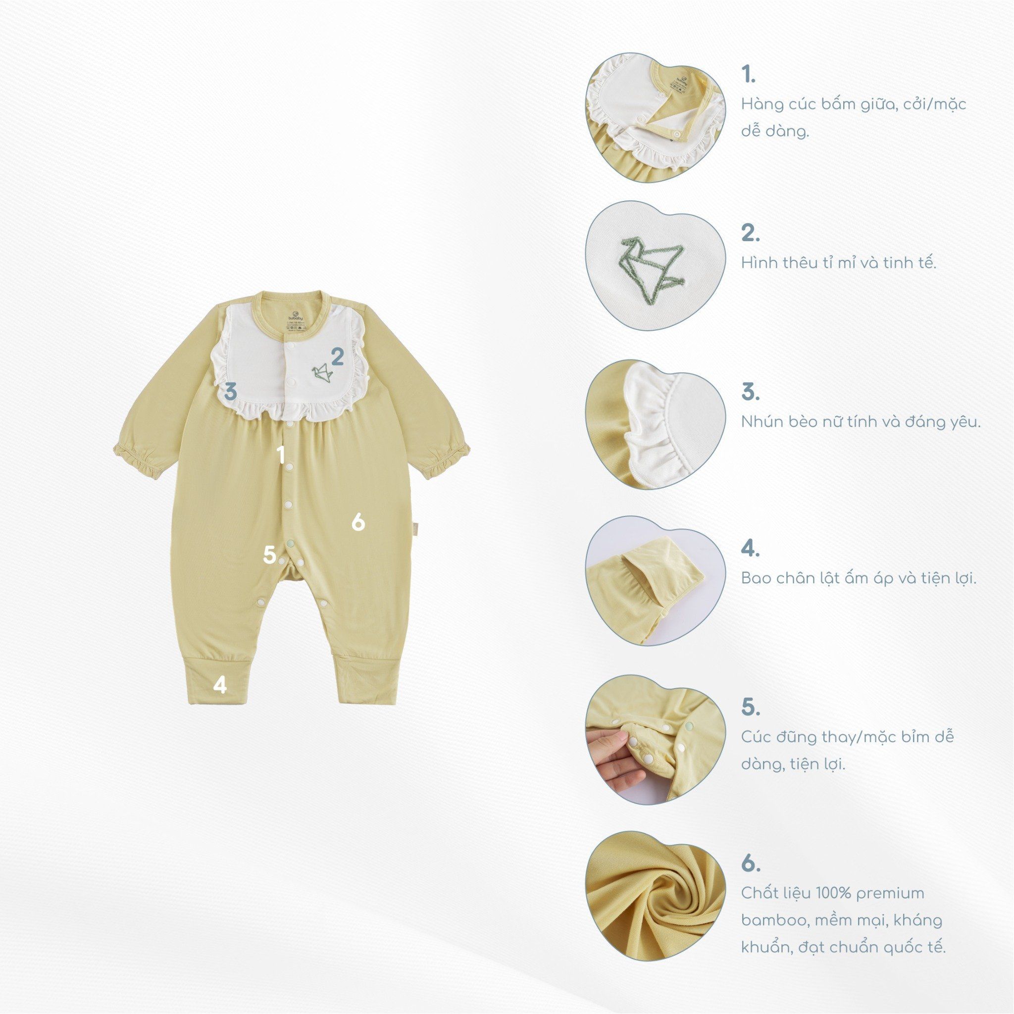 Body Bubaby Dài Tay Cài Giữa Bèo Ngực Bambus Gami