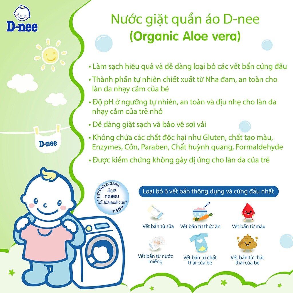Nước Giặt Quần Áo Em Bé Dnee Xanh Lá - Organic Aloe Vera 3L