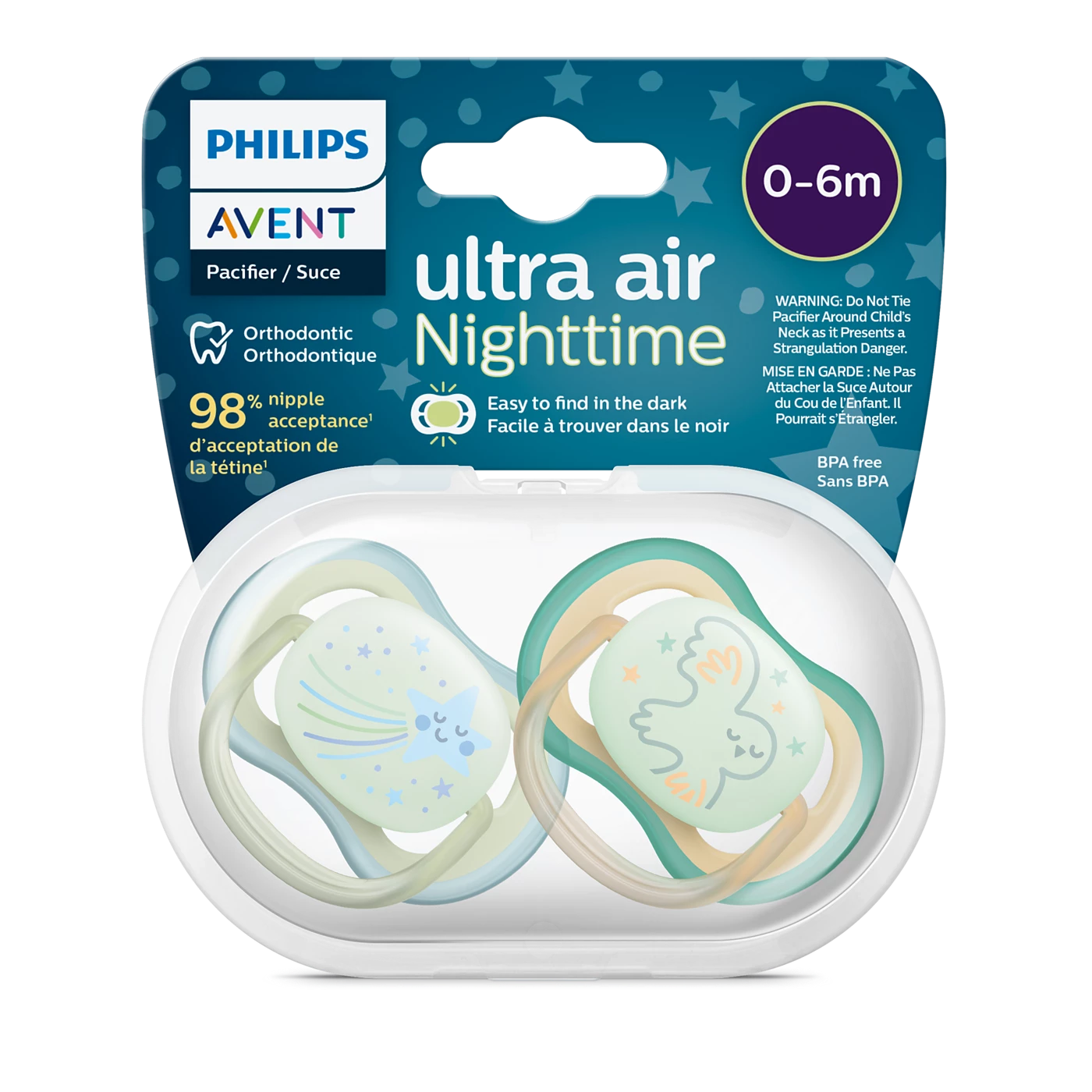 Set 2 Ti Giả Philips Avent Thông Khí Ultra Air Nighttime Phát Quang (0-6M)