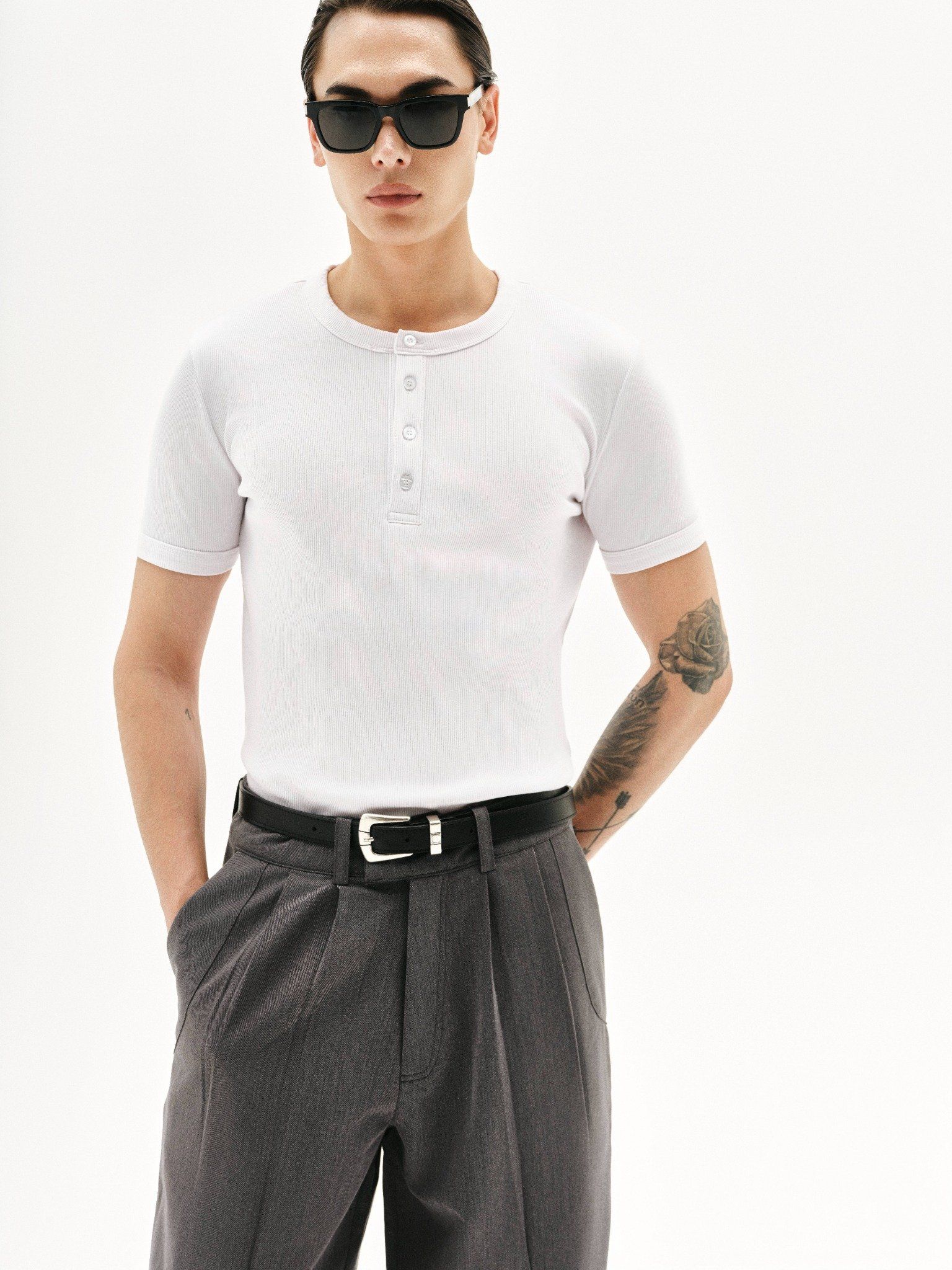 MAVERIK® BUTTON RIB SLIM FIT T-SHIRT ( WHITE )