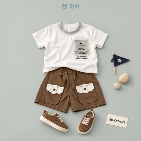 Đồ bộ bé trai BiBi Kids áo thun trắng túi ngực quần đùi nâu nắp kem 1 - 6 tuổi BB-C81-C26