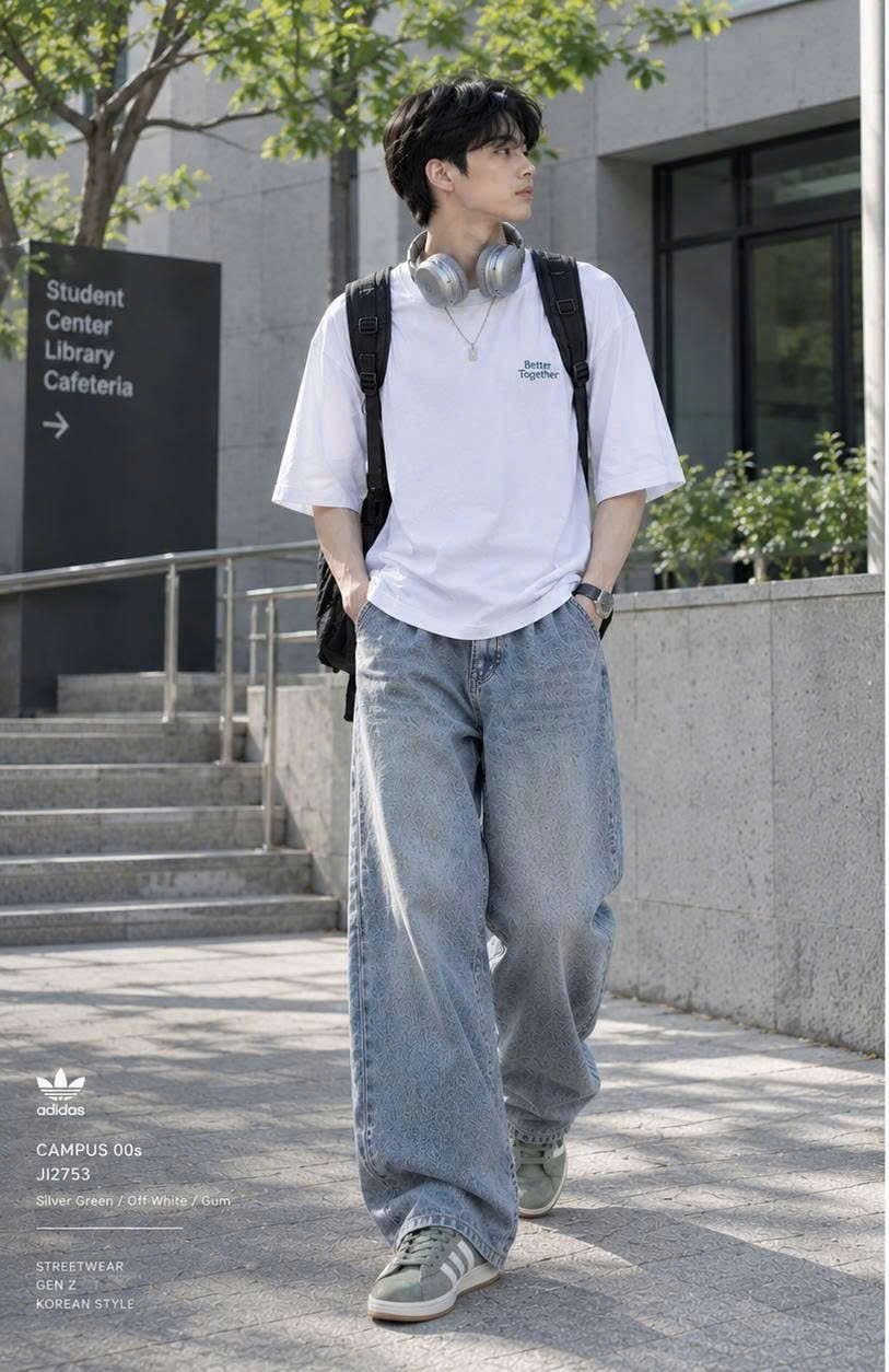 Phối Campus với áo thun trắng và jeans sáng màu