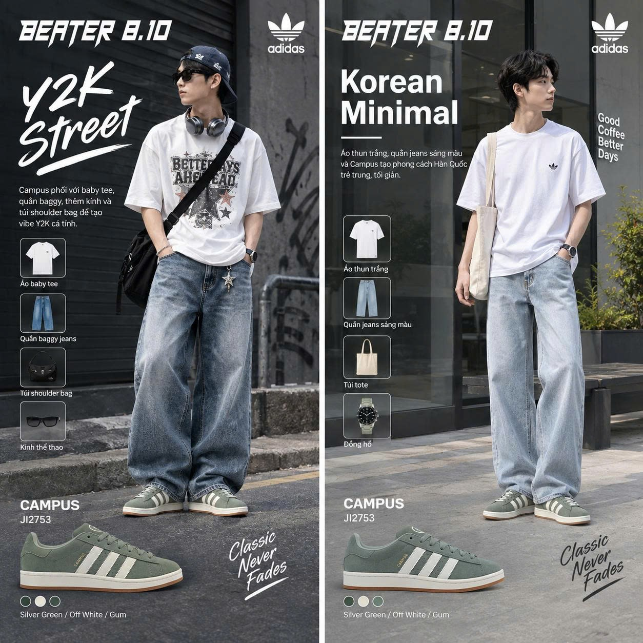 Hai cách phối Campus Y2K Street và Korean Minimal