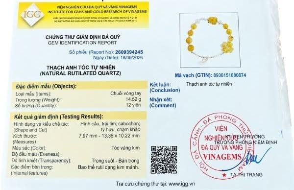 Mẫu phiếu giám định IGG (Vinagems) cho vòng thạch anh tóc tự nhiên