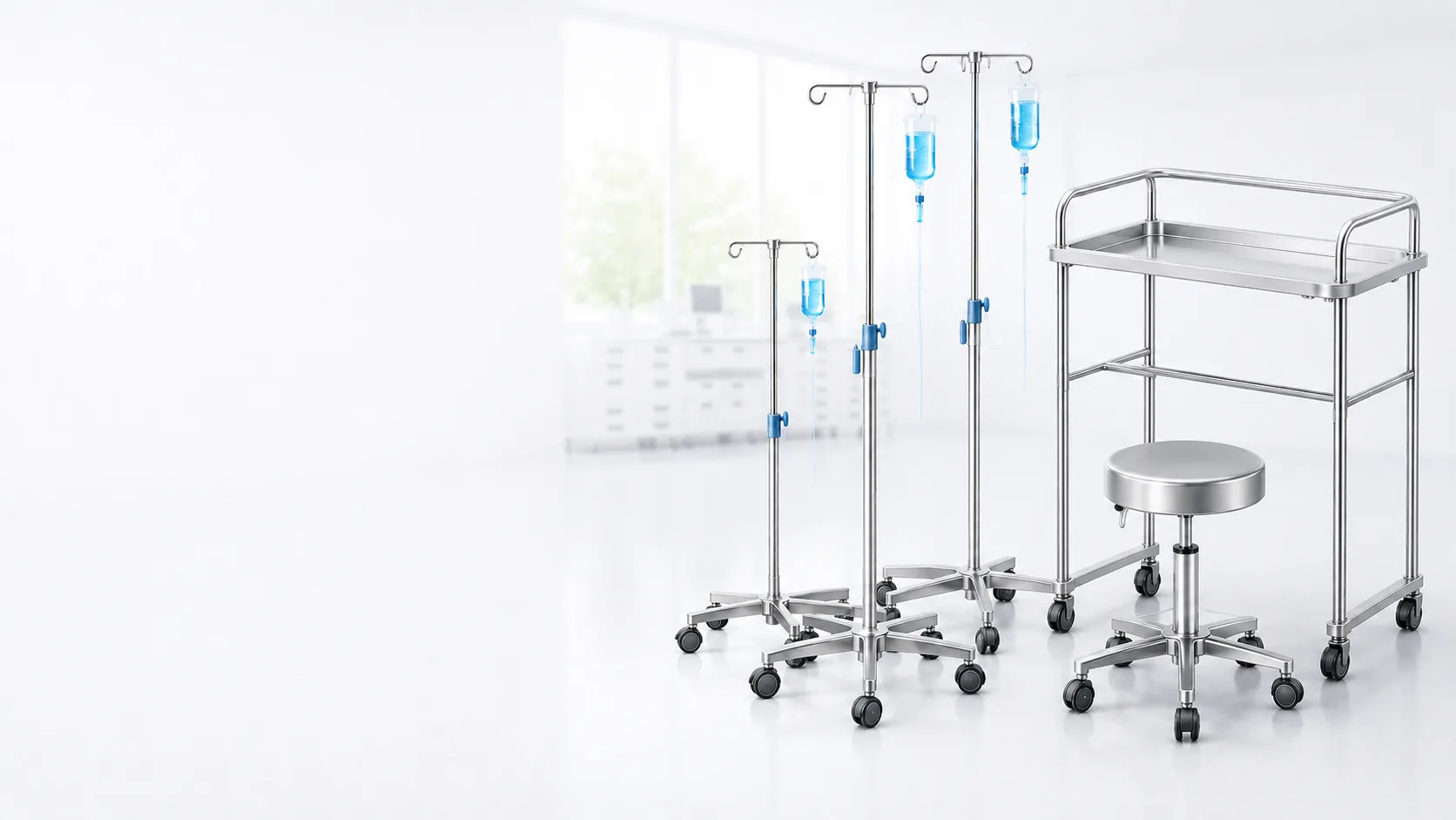 Cây treo truyền dịch, ghế và xe để thiết bị hỗ trợ y tế