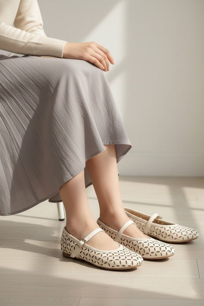 Chân váy xòe mềm mại dịu dang khi mang giày bệt lỗ quai ngang