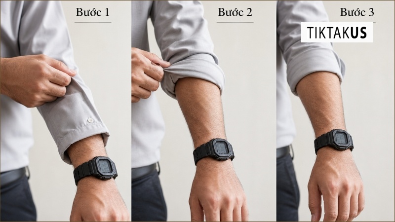 Cận cảnh cổ tay nam giới đang áp dụng nếp xắn Master Roll lộ rõ mặt đồng hồ G-Shock đen