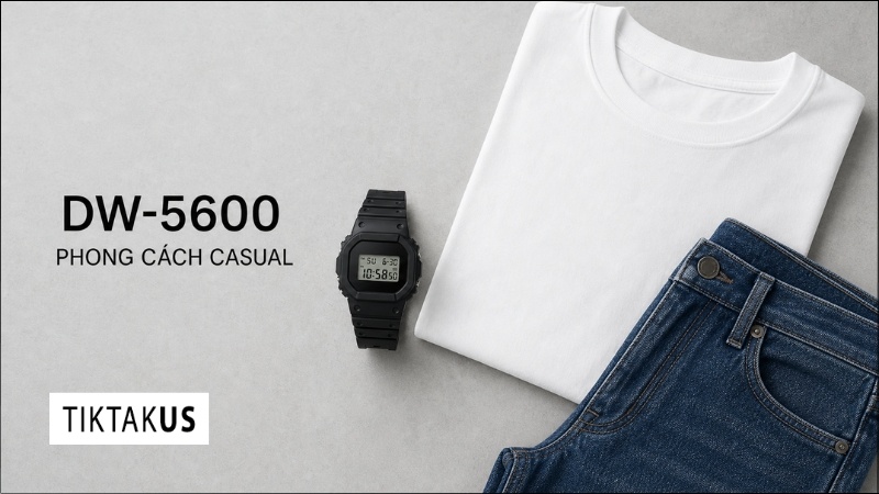 Flatlay đồng hồ G-Shock DW-5600 đặt cạnh áo thun trắng trơn và quần jean xanh