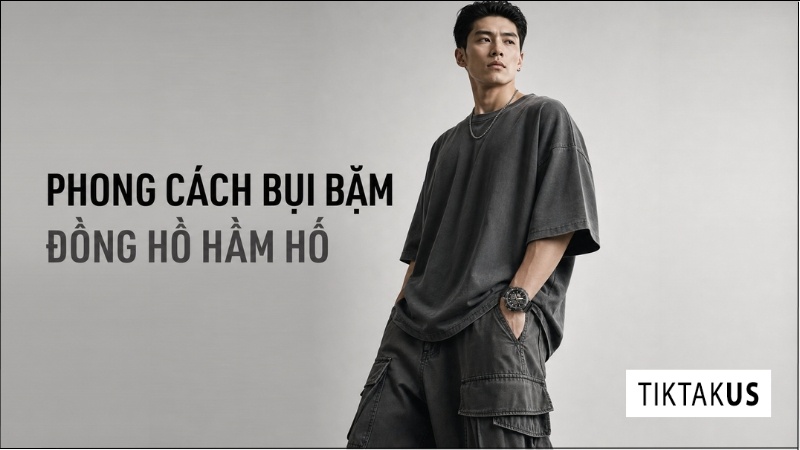 Người mẫu nam mặc áo phông oversize quần túi hộp đang đeo đồng hồ G-Shock mặt tròn