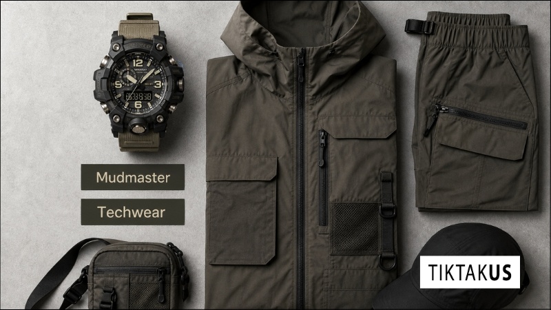 Flatlay đồng hồ G-Shock Mudmaster đặt cạnh quần áo phong cách Techwear nhiều túi hộp